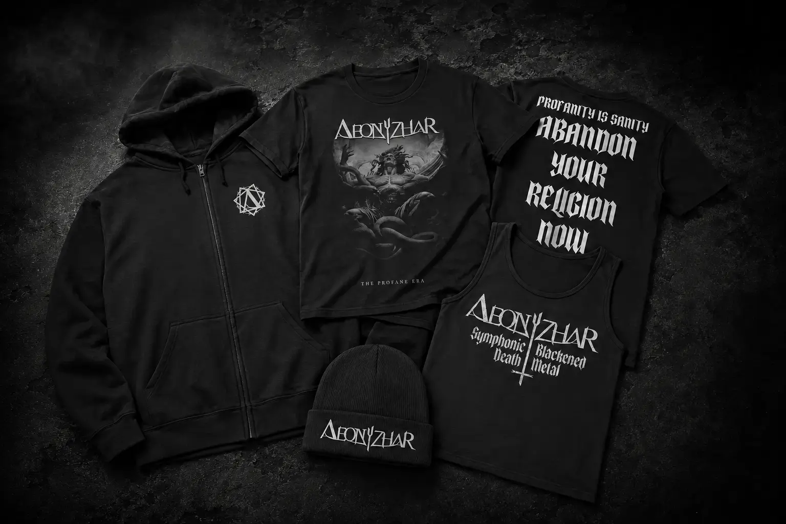 Collage aus Aeonyzhar-Shirts, Hoodie, Tanktop und Mütze